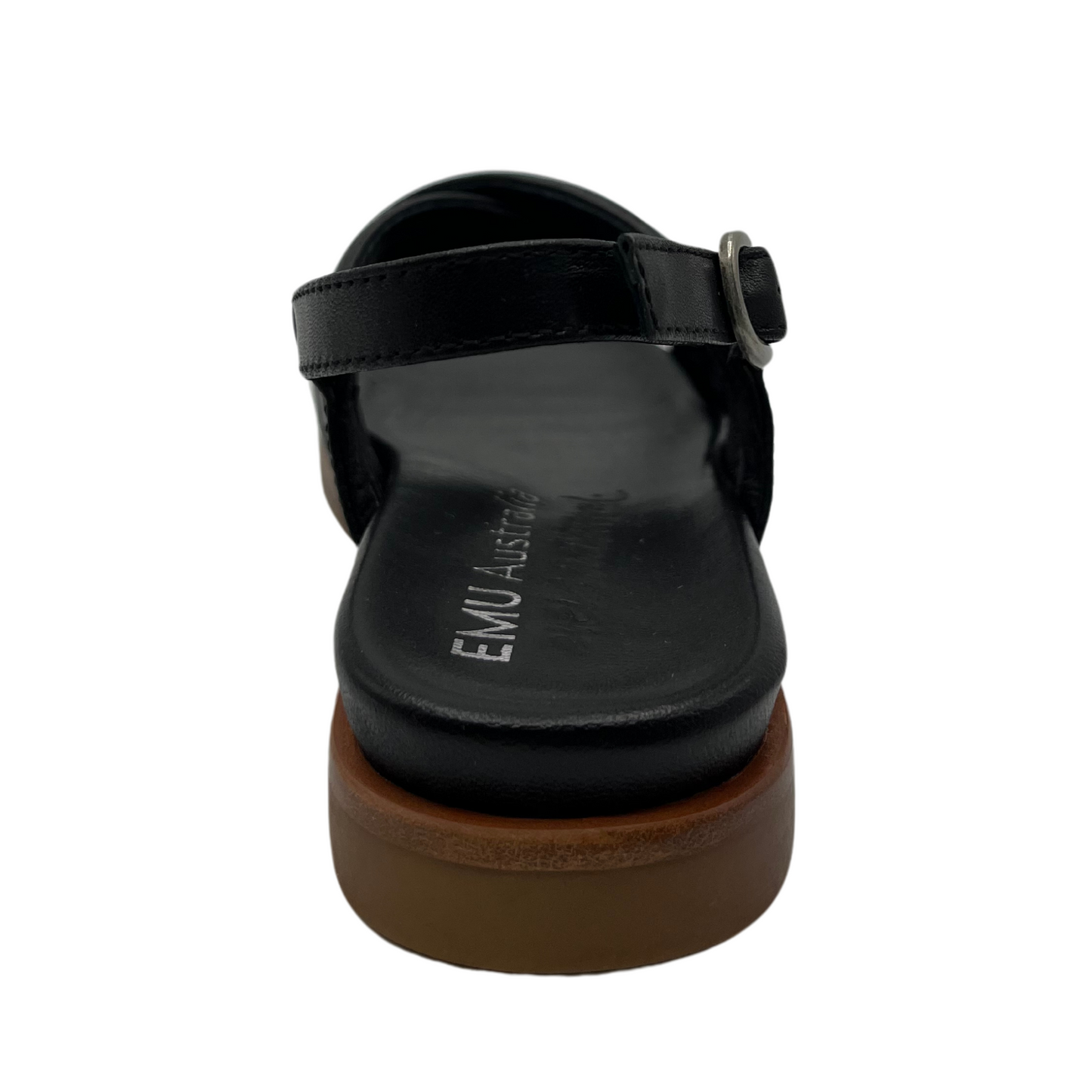 Back view of black leather sandal with padded cross over straps and sling back buckle strap