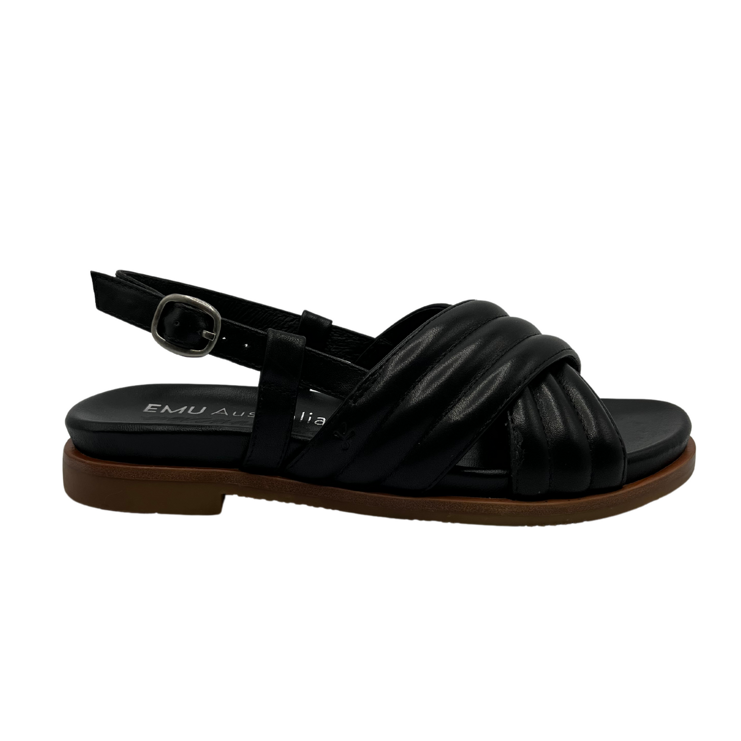 Right facing view of black leather sandal with padded cross over straps and sling back buckle strap