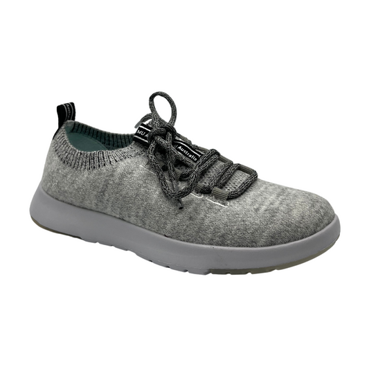 45 degree angled view of grey wool blend sneaker with heather grey laces and white EVA outsole