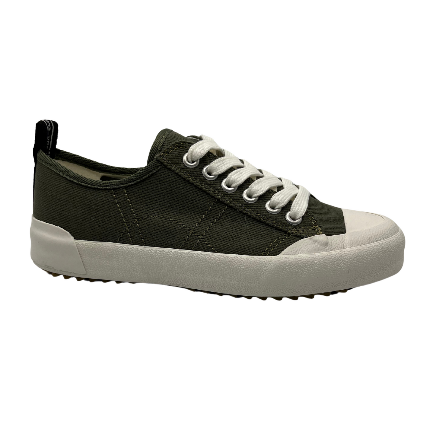 Right facing view of green cotton sneaker with white rubber outsole and matching laces