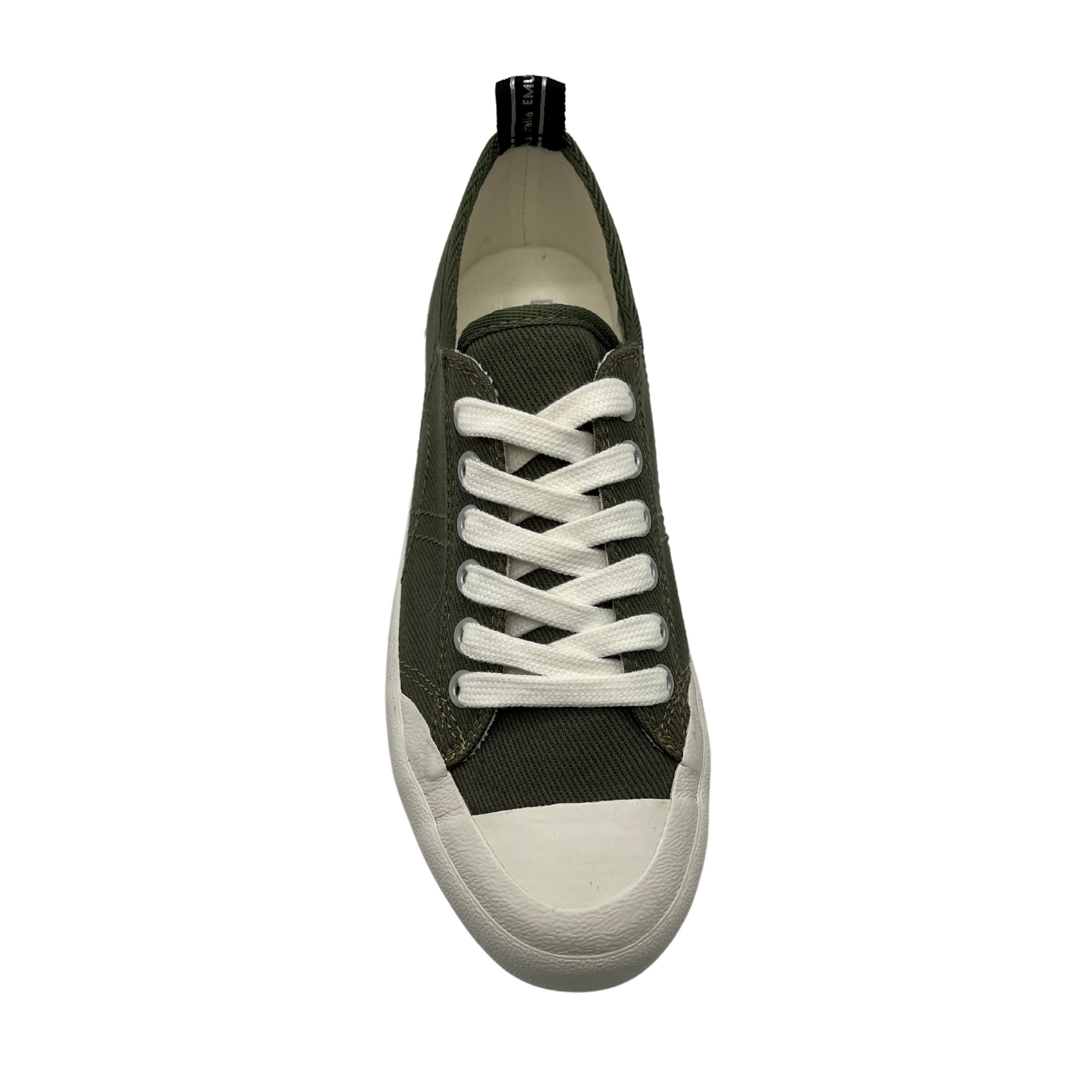 Top view of green cotton sneaker with white rubber outsole and matching laces