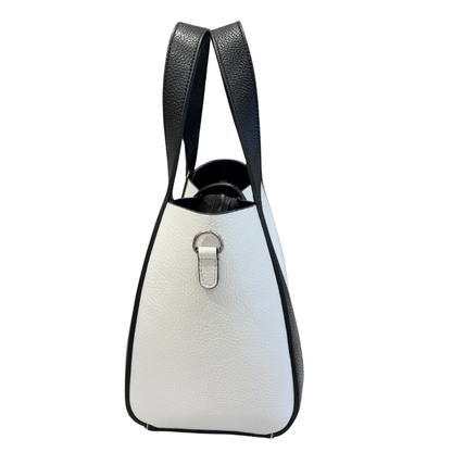 Side view of a White handbag with black handle on a white background