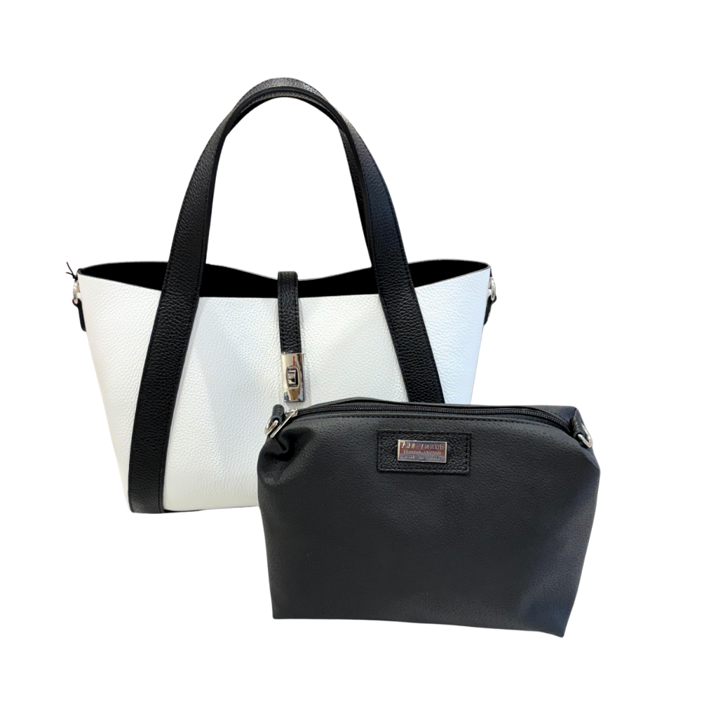 White handbag with black accents and a smaller black pouch on a white background