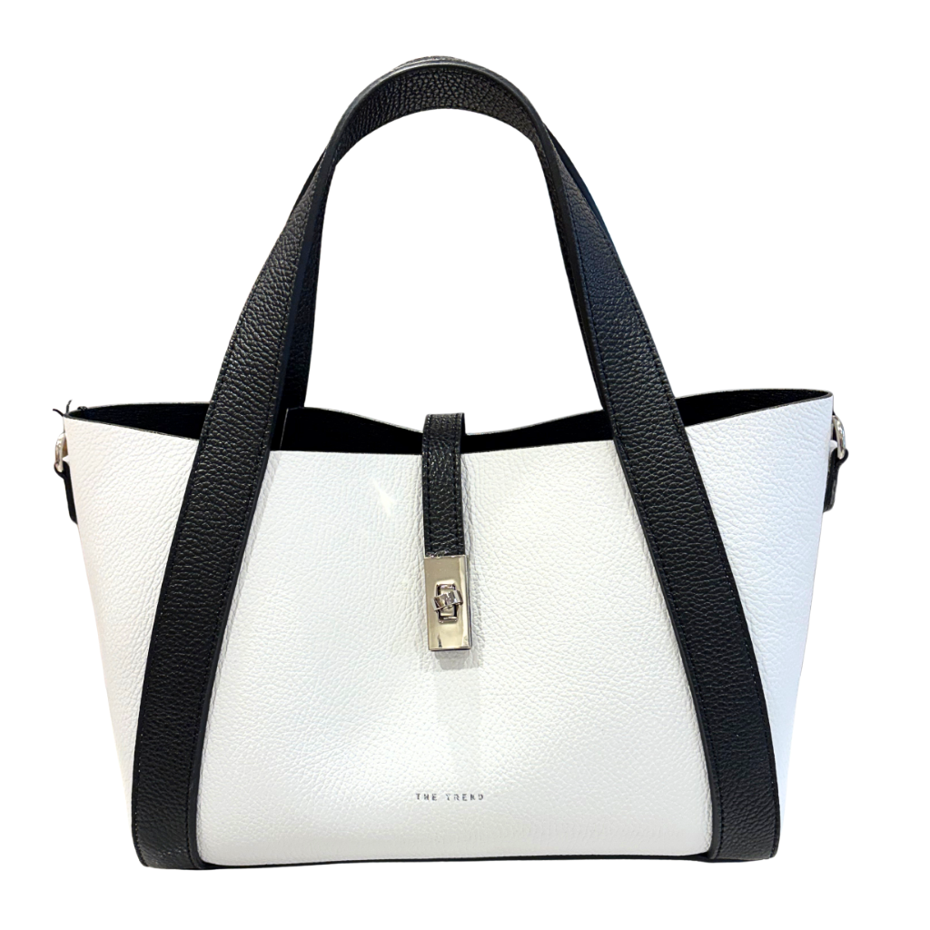 White handbag with black handles and trim on a white background