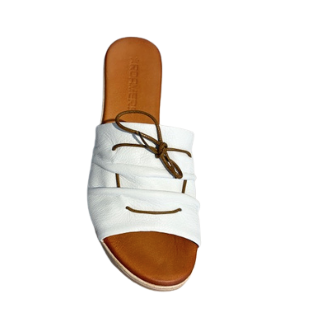 White sandal with brown sole on a white background