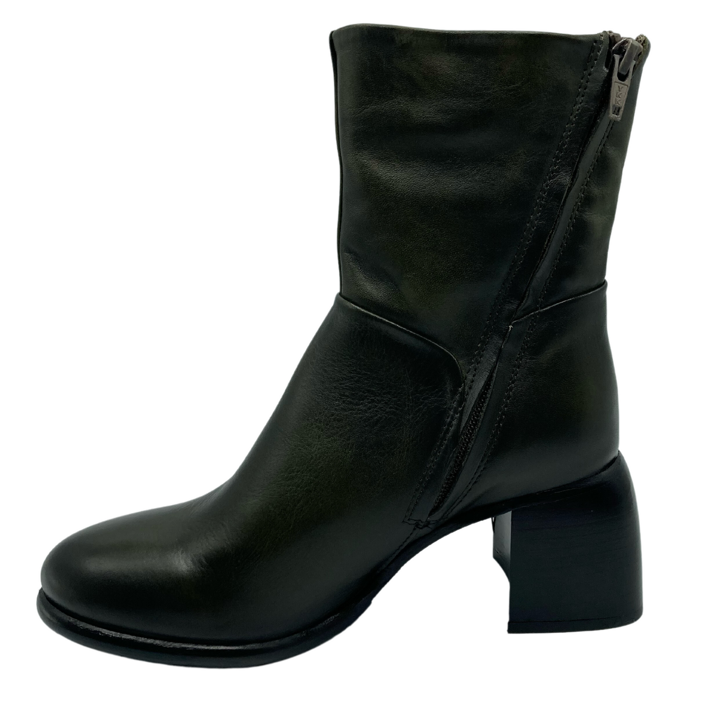 Left facing view of green leather short boot with zipper closure and block heel