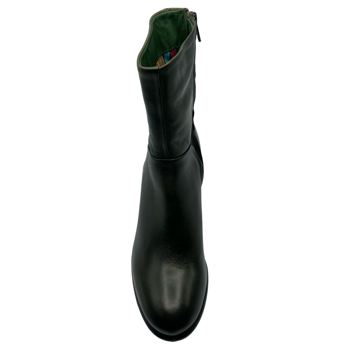 Top view of green leather short boot with textile lining and rounded toe