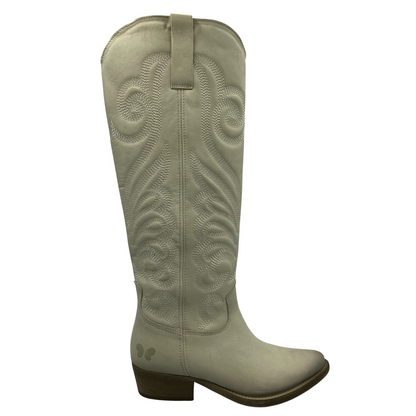 Right facing view of tall, off-white, leather cowboy boot with decorative stitching along the shaft