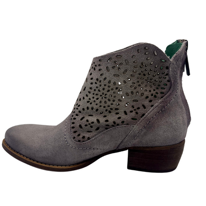 Left view of smokey lavender leather short cowboy boot with cutout details and zipper closure
