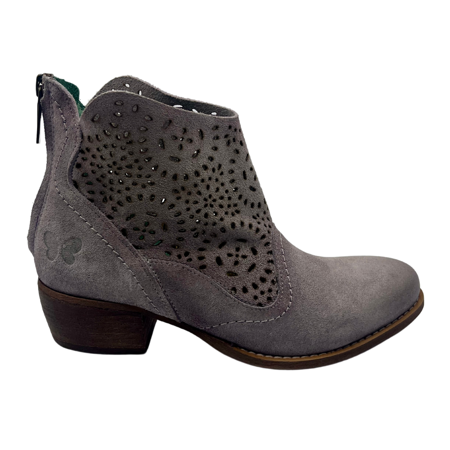Right facing view of smokey lavender leather short cowboy boot with cutout details and zipper closure