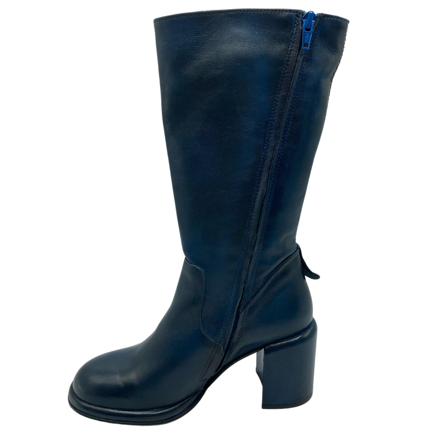 Left facing view of blue leather boot with block heel and zipper closure