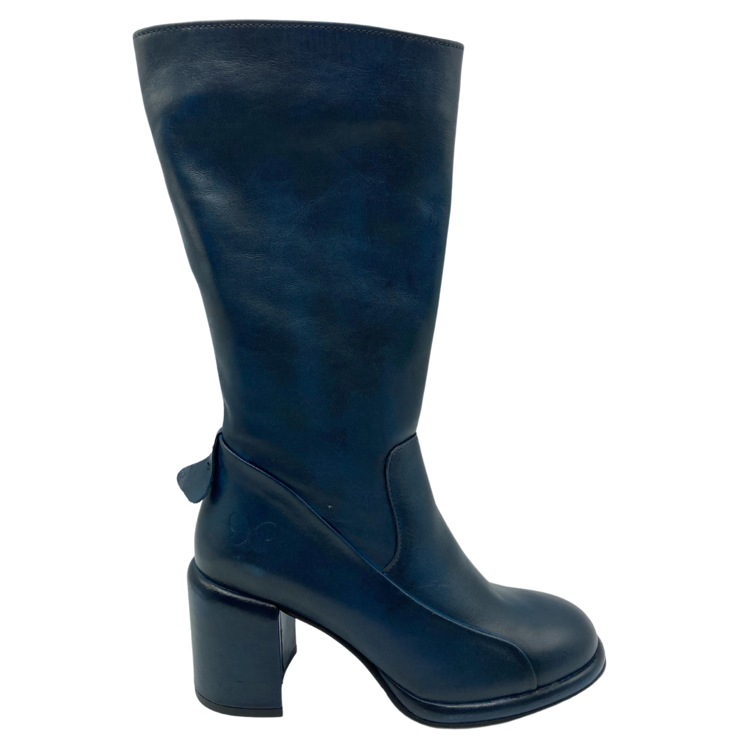 Right facing view of dark blue boot with wide calf and block heel