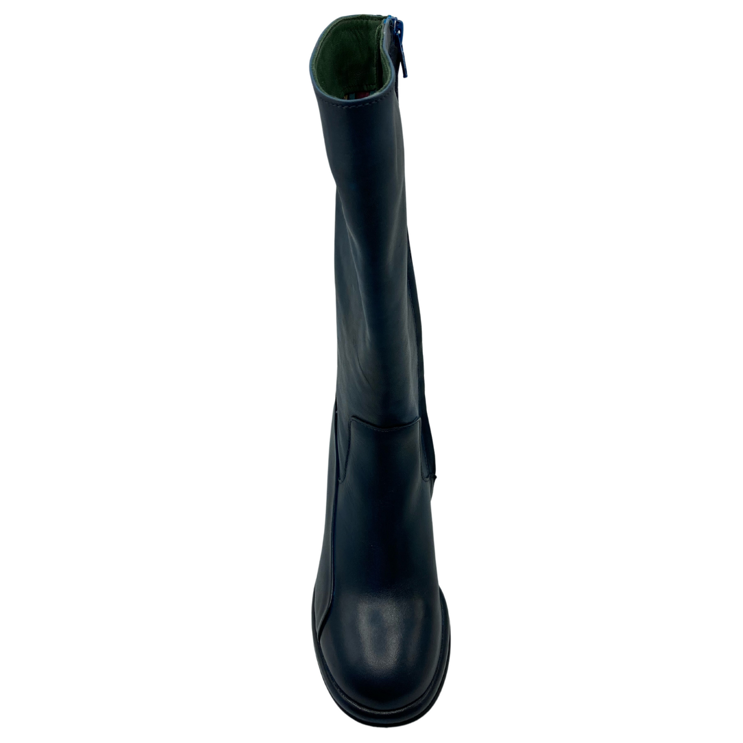 Frontal view of dark blue leather boot with rounded toe and calf-height shaft