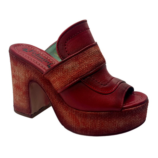 45 degree angled view of red leather shoe with chunky 4" heel and platform toe. 