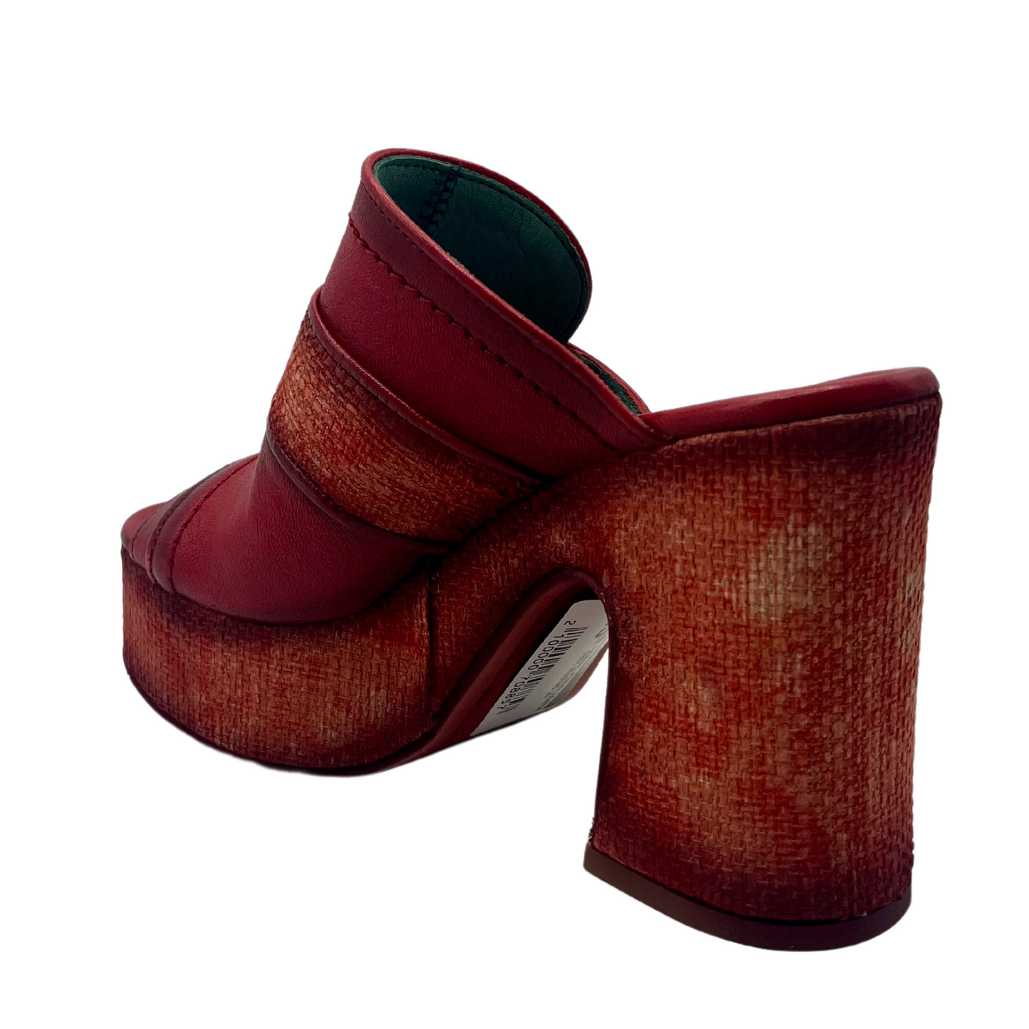 Back facing view of red leather shoe with chunky 4" heel and platform toe.