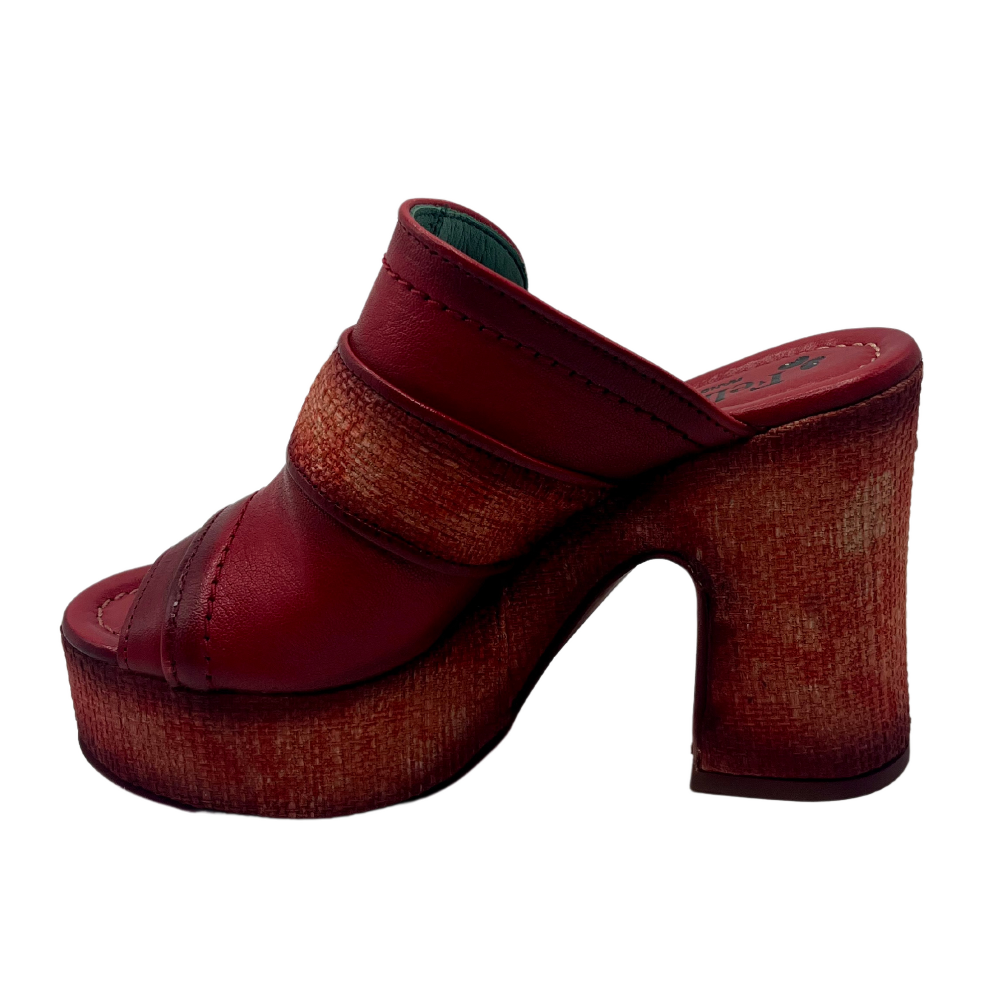Left facing view of red leather shoe with chunky 4" heel and platform toe.