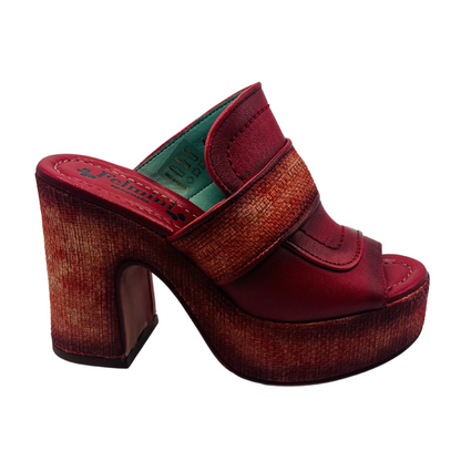 Right facing view of red leather shoe with chunky 4" heel and platform toe.