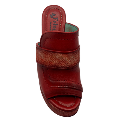 Top facing view of red leather shoe with chunky 4" heel and platform toe.