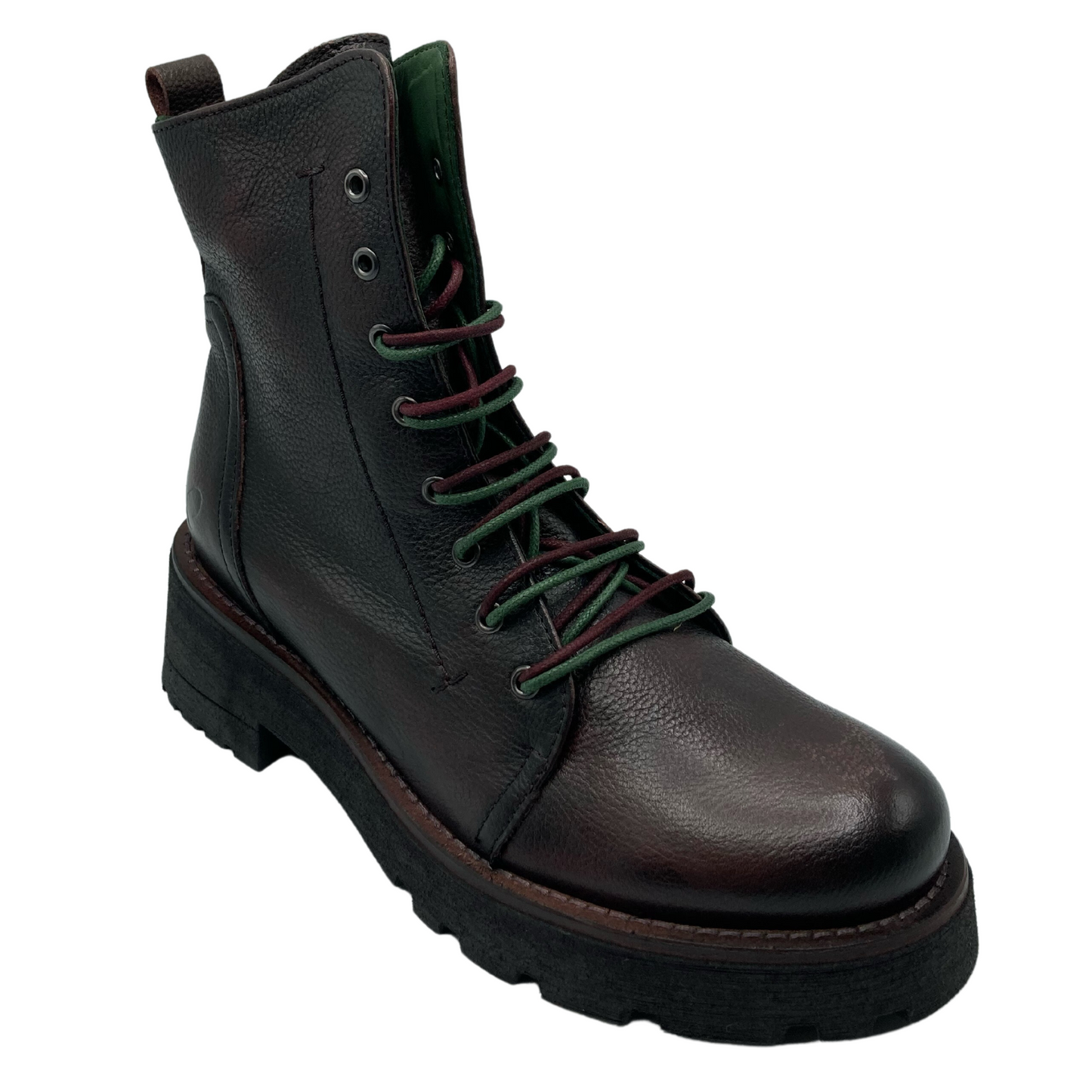 45 degree angled view of berry coloured leather combat boot with maroon and green laces. 