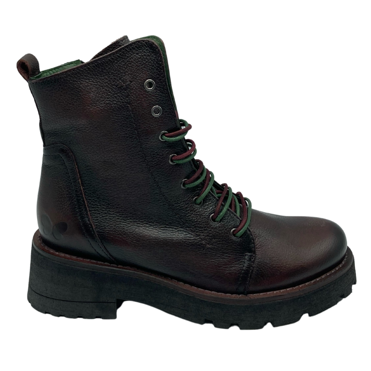 Right facing view of berry leather combat boot with brown rubber sole and leather pull-on tab