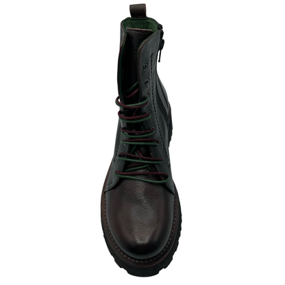 Top view of rounded toe combat boot with double laces and zipper closure