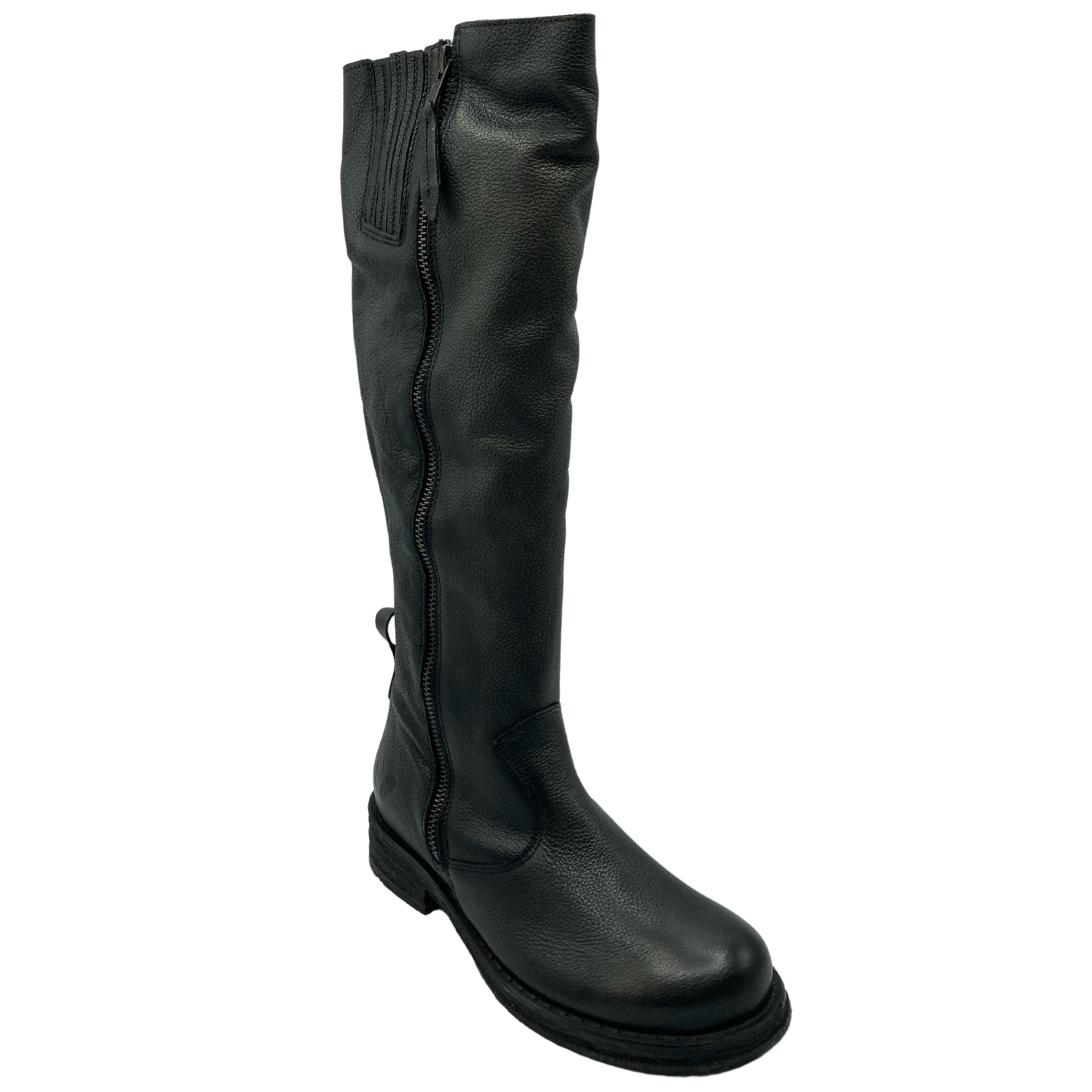 45 degree angled view of tall, grey, leather boot with rounded toe and zipper up the side of the shaft