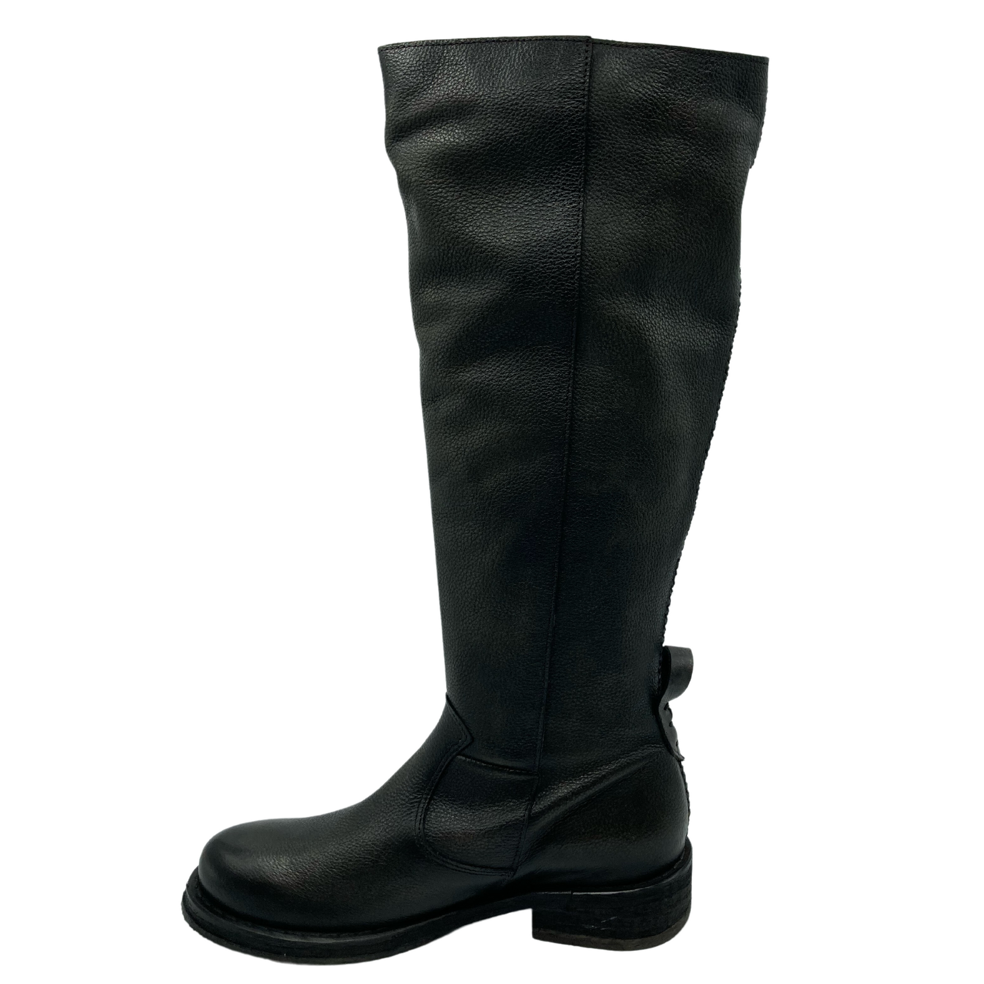Left facing view of knee-height leather boot with rounded toe and 1.25 inch heel