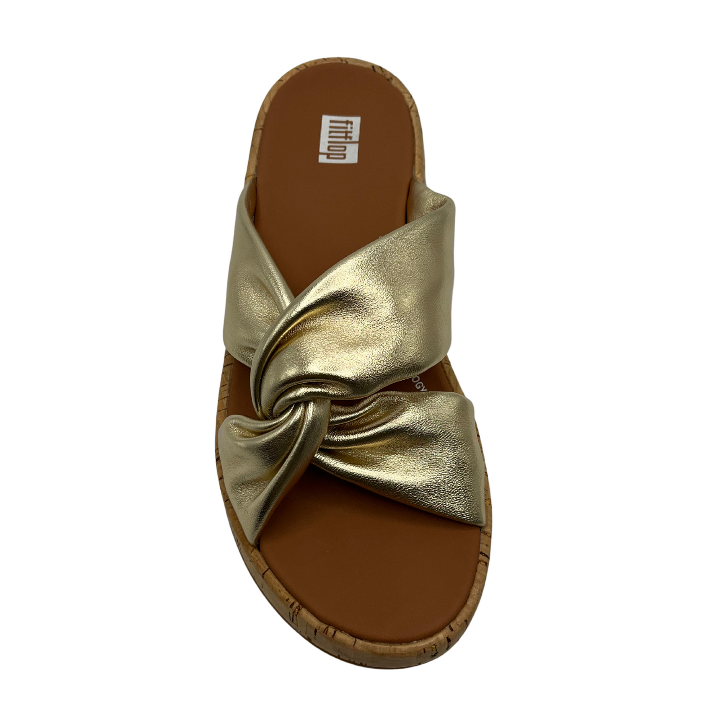 Top view of gold leather strapped sandal with thick platform sole and knot detail