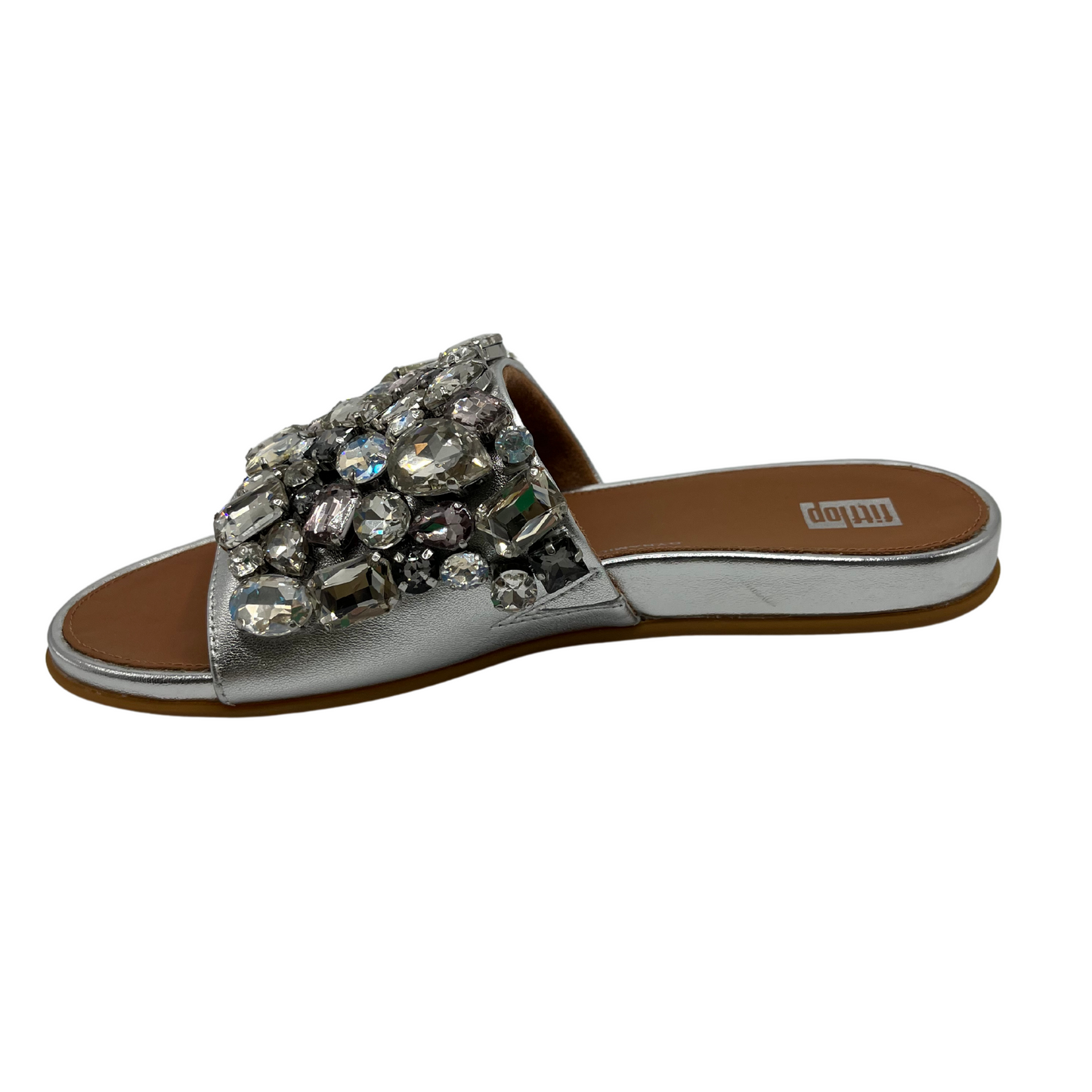 Left facing view of silver slip on sandal with jewel embellishments and open toe