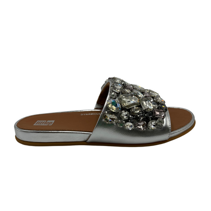 Right facing view of silver slip on sandal with jewel embellishments and open toe