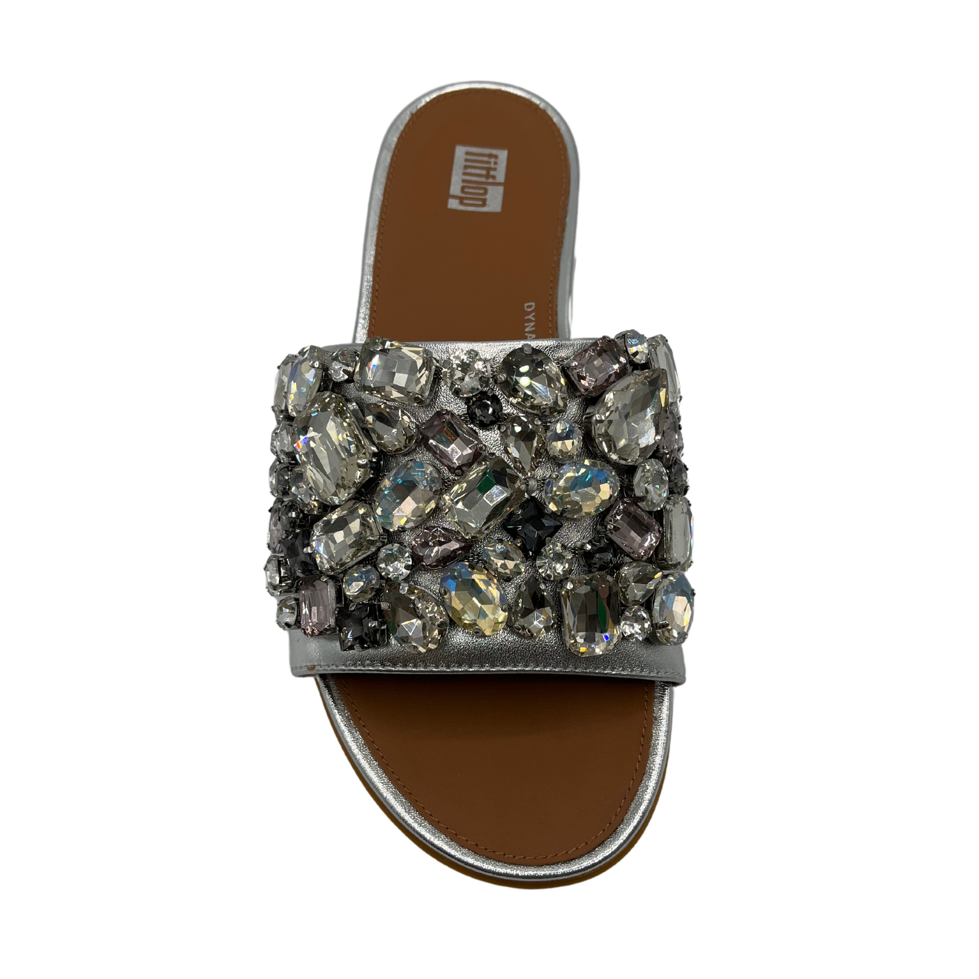 Top view of silver slip on sandal with jewel embellishments and open toe