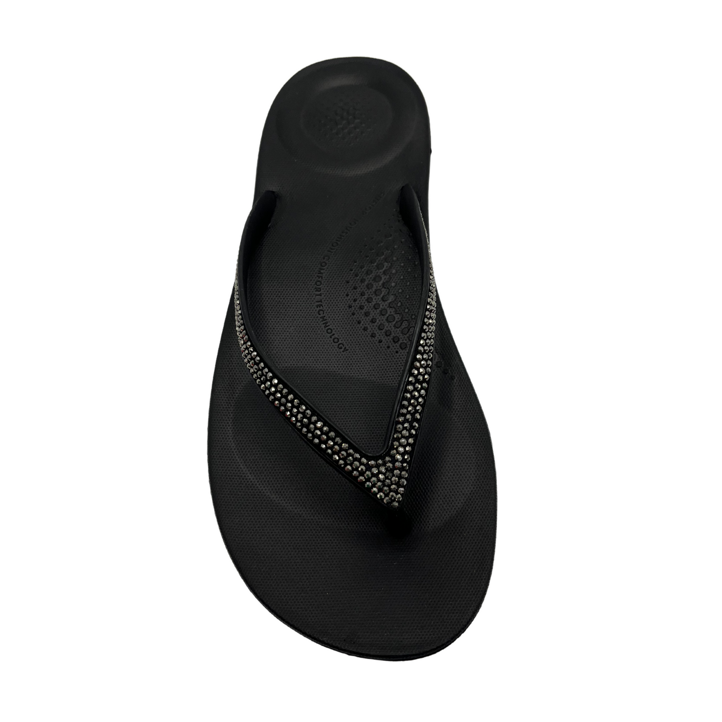 Top view of black flip flop with bejewelled thong strap
