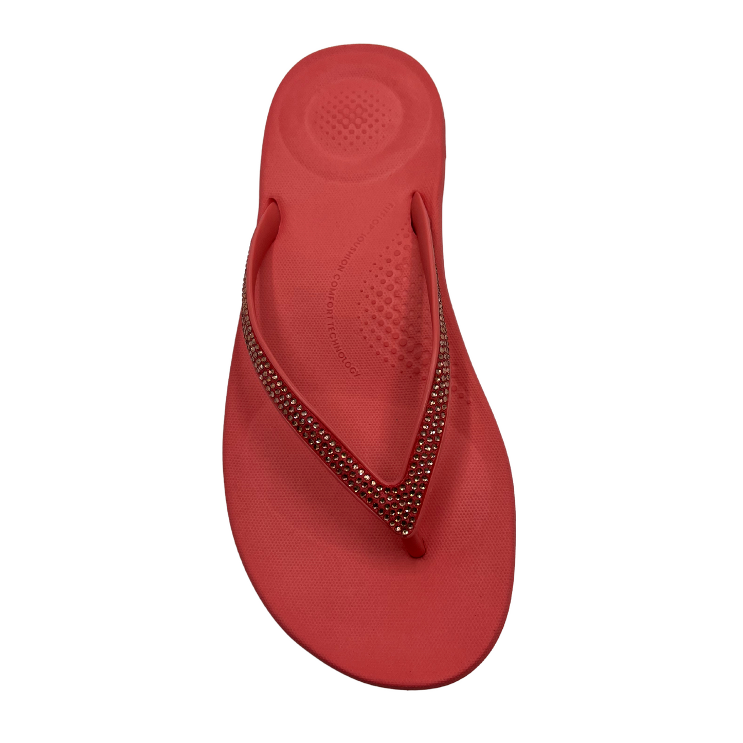 Top view of rosy coral flip flop with bejewelled thong strap