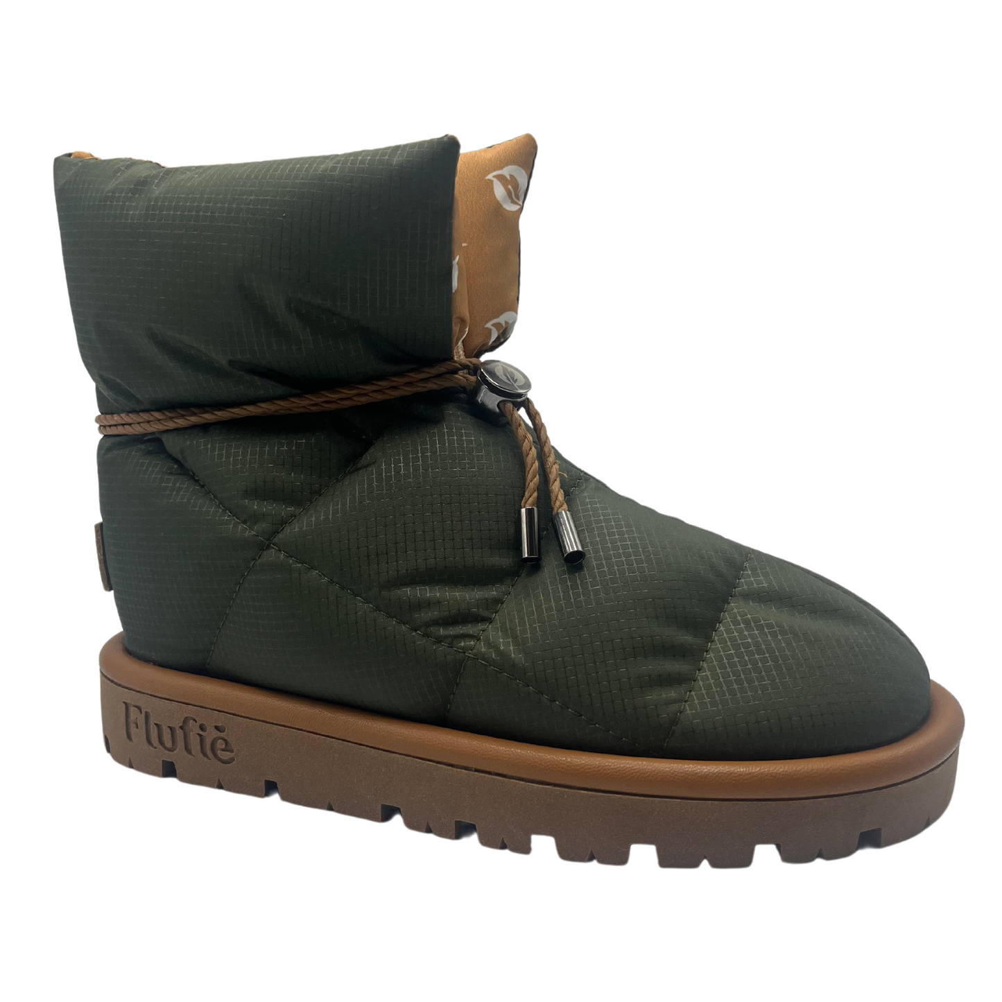 Angled view of a khaki coloured puffer boot with brown rubber outsole