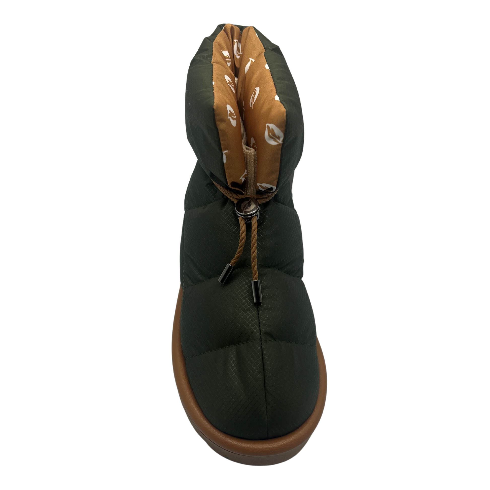 Top view of khaki coloured puffer boot with rounded toe