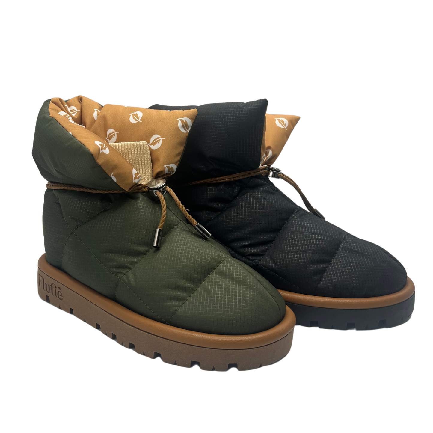 Angled view of a pair of puffer style short boots. One is khaki and one is black. Both have drawstring closures