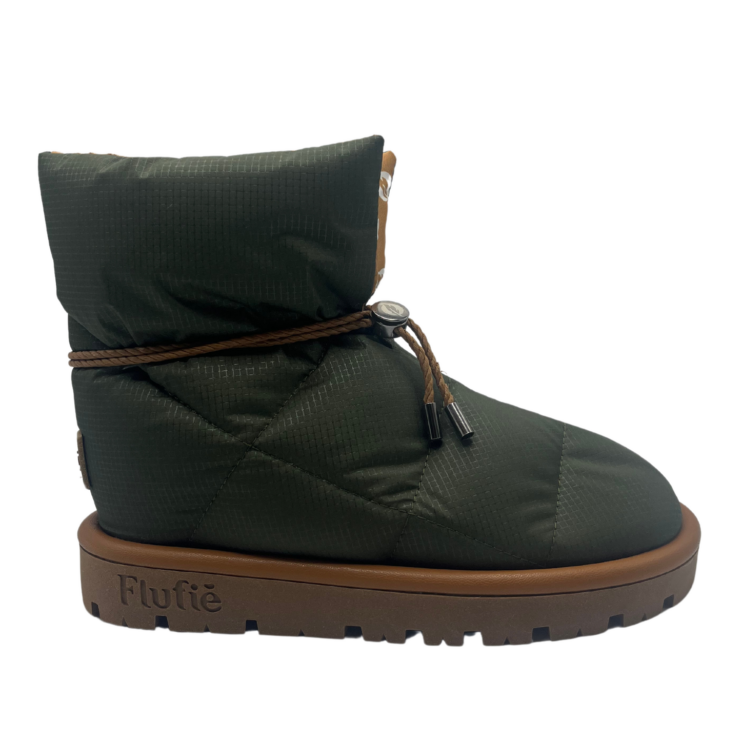 Right facing view of khaki green puffer boot with brown rubber outsole