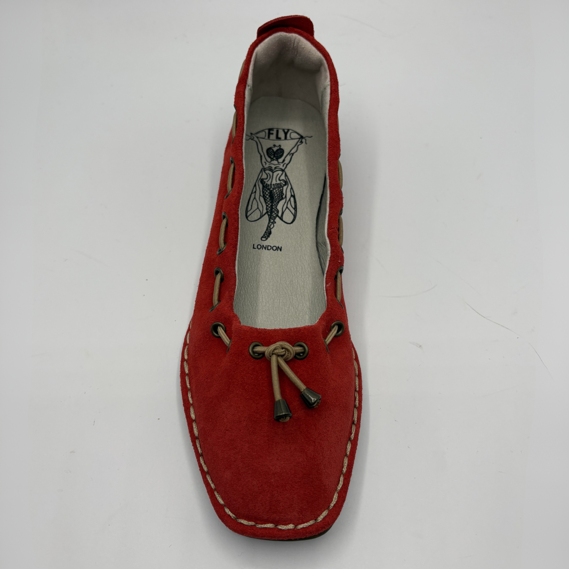 Red shoe with a brand logo on a white background