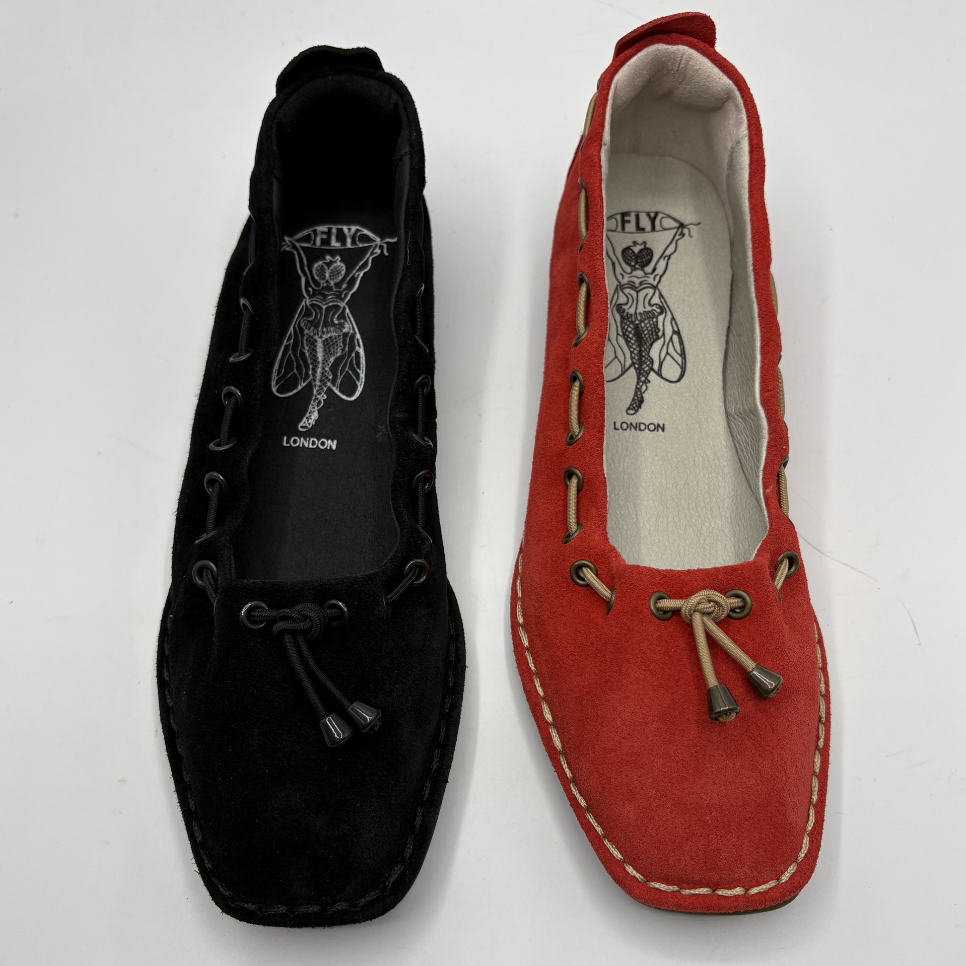 Black and red flat with 'Fly London' branding on a white background