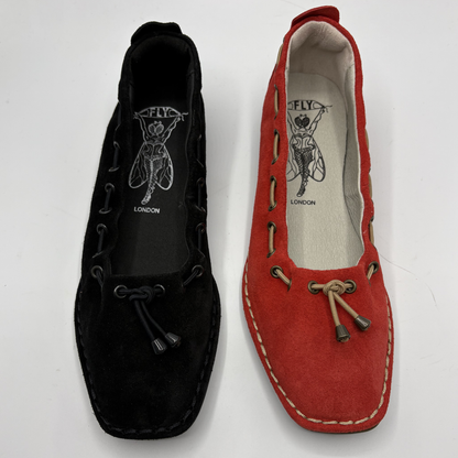 Black and red flat with 'Fly London' branding on a white background