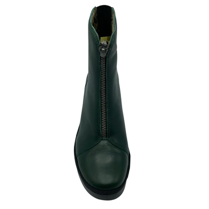Top view of green leather ankle boot with rounded toe and silver zipper up the center