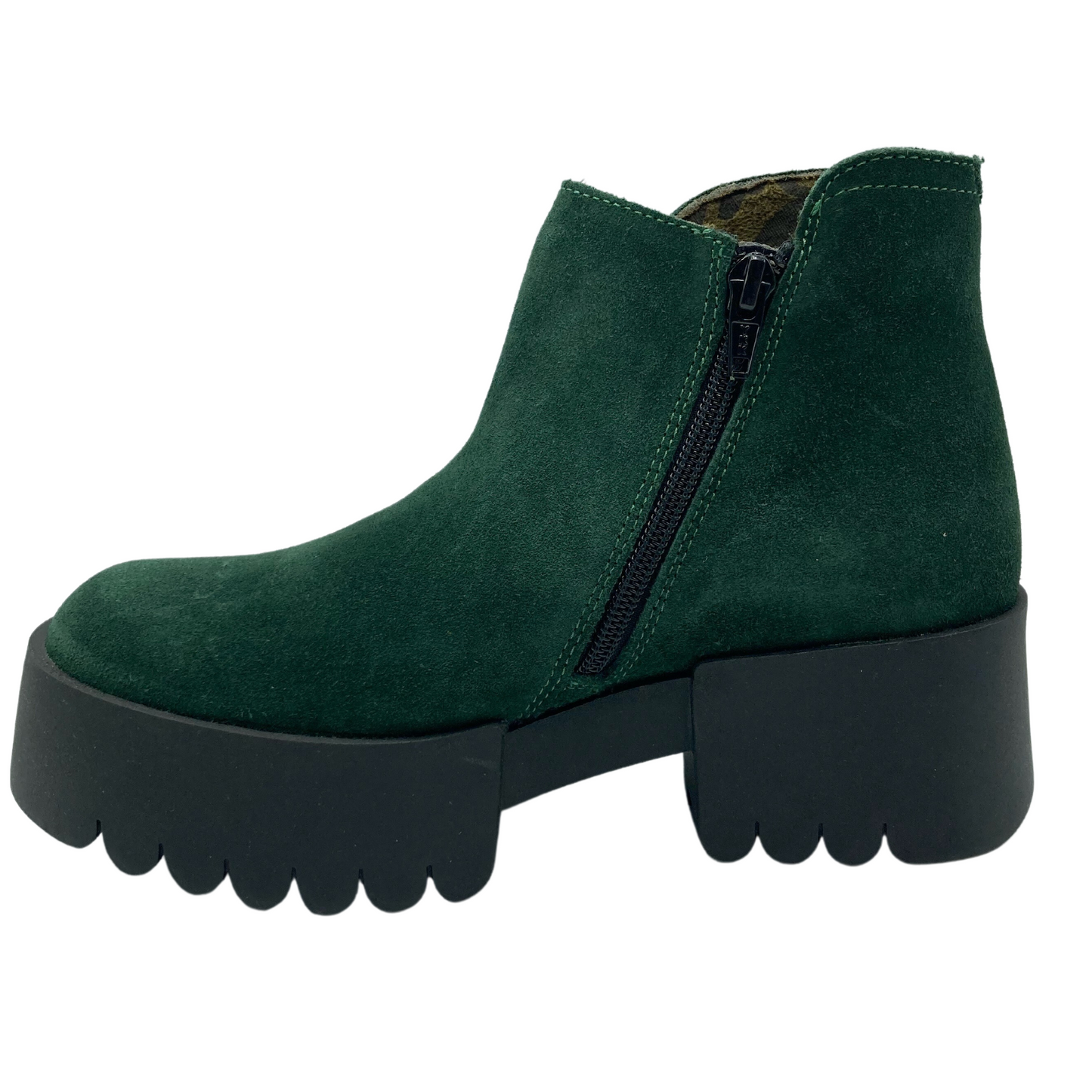 Left facing view of green suede ankle boot with black rubber chunky heel and zipper closure
