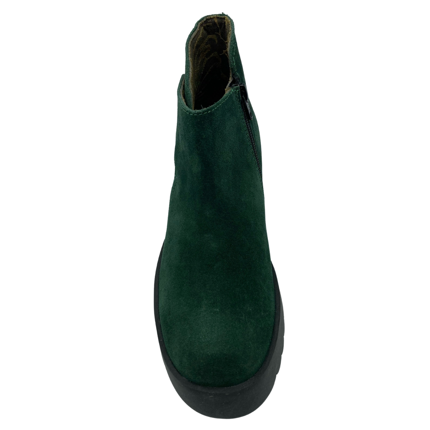 Top view of green suede ankle boot with textile lining and rounded toe