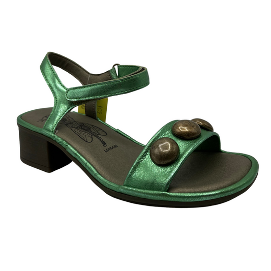 45 degree angled view of green leather sandal with rounded toe, velcro strap and block heel