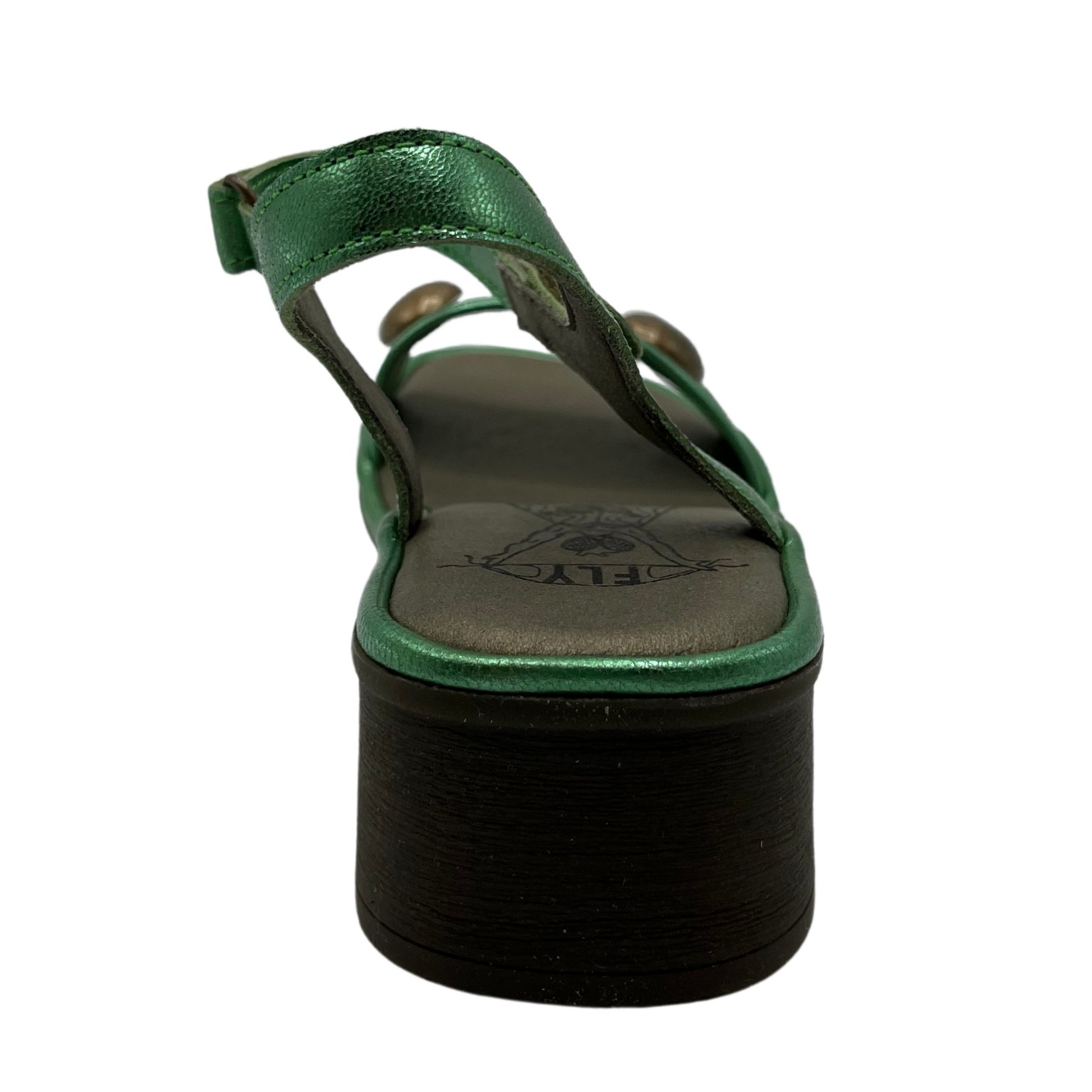 Back view of green leather sandal with rounded toe, velcro strap and block heel