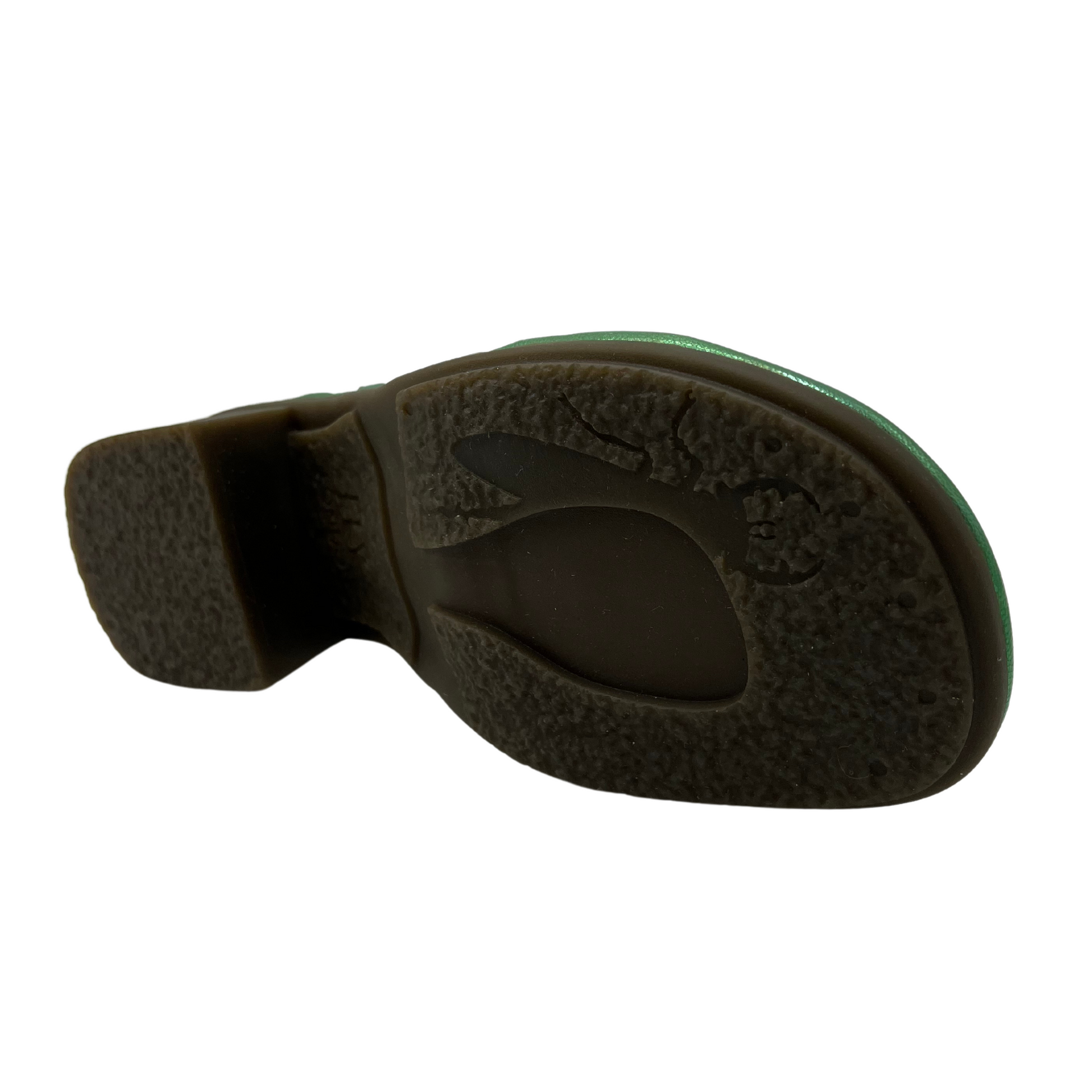 Bottom view of green leather sandal with rounded toe, velcro strap and block heel