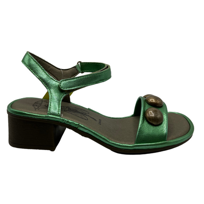 Right facing view of green leather sandal with rounded toe, velcro strap and block heel