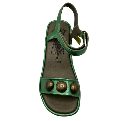 Top view of green leather sandal with rounded toe, velcro strap and block heel