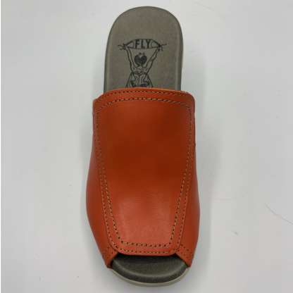Orange leather sandal with gray insole on a white background