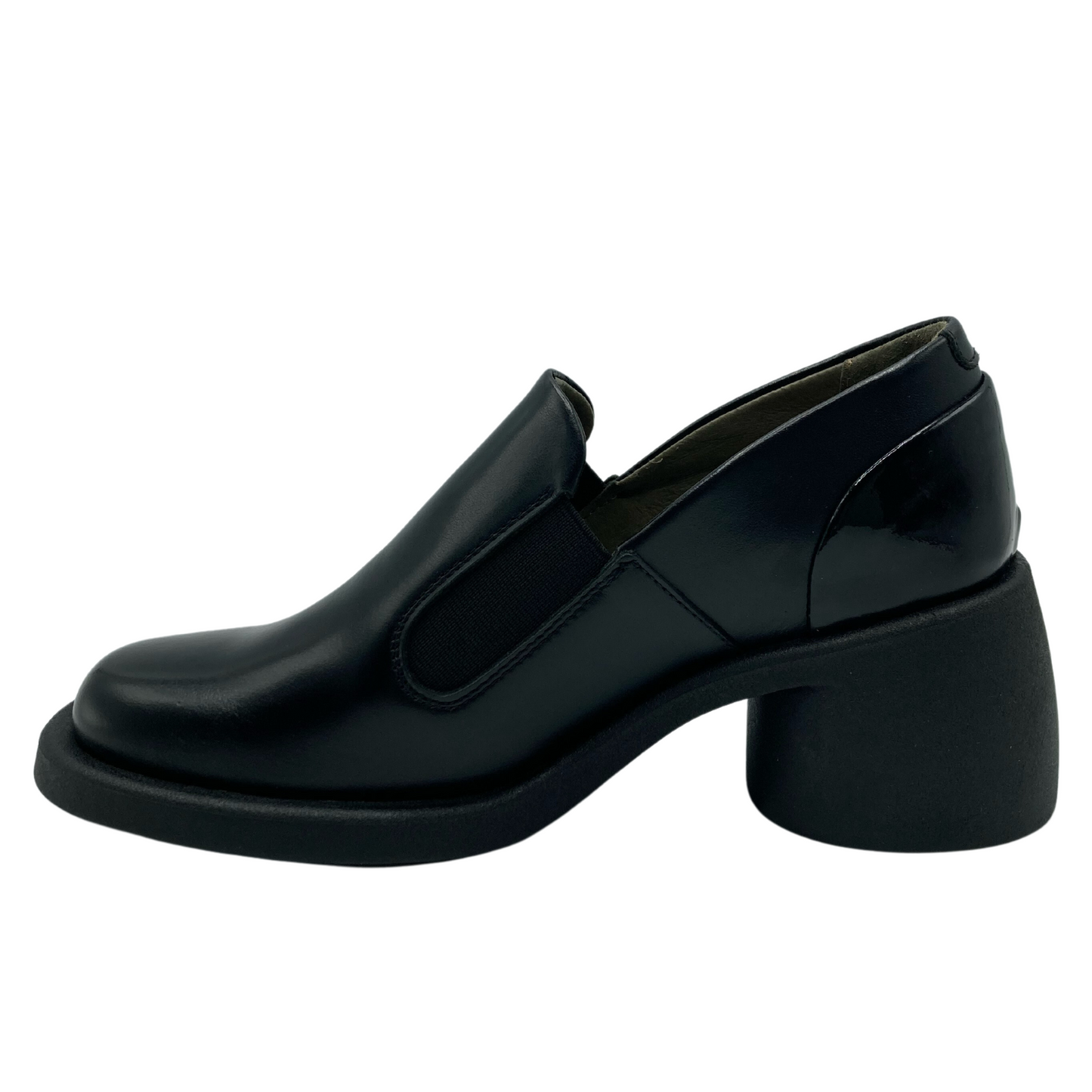 Left facing view of black leather loafer with chunky black heel and elastic gore